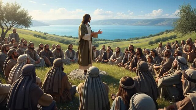 Jesus Christ delivering the Sermon on the Mount to disciples on grassy hillside overlooking a lake, symbolizing faith, teaching, and spiritual guidance in religion and theology