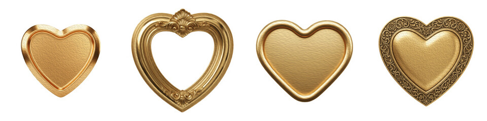 Set of luxury golden heart frames and metallic heart-shaped medallions isolated on white background