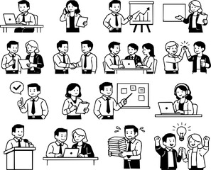 Office Worker Pose Icon Set &ndash; Uniform Line Art Business Characters