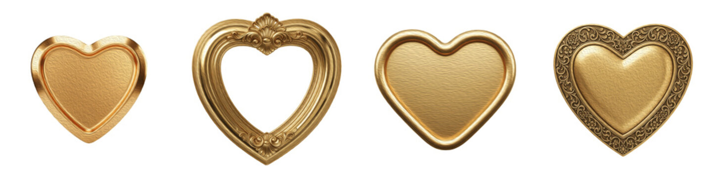 Set of luxury golden heart frames and metallic heart-shaped medallions isolated on white background