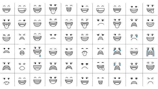 Grid of various cartoon eye and mouth expressions showing a wide range of human emotions for character design and animation.