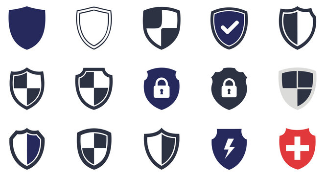 Collection of various shield icons with distinct symbols and designs