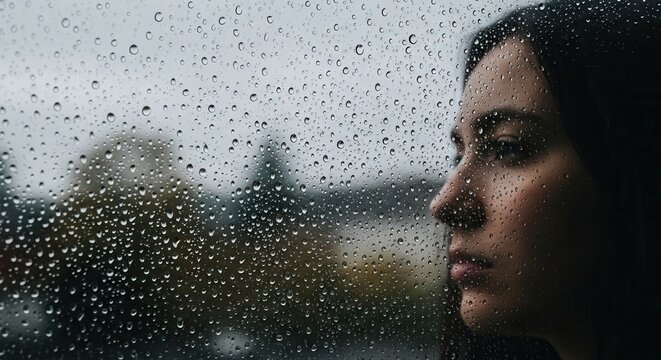 A persons profile looks out a rain-streaked window with blurred buildings and foliage in the background under an overcast sky