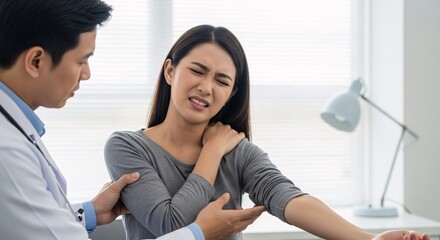 Obraz premium Medical professional examining woman's shoulder pain during consultation in bright clinic setting with desk lamp and window in background for healthcare and medical support