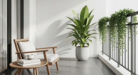 Fototapeta premium A serene outdoor balcony features a wooden lounge chair a small table with books and a mug a tall potted plant and cascading greenery on a dark railing