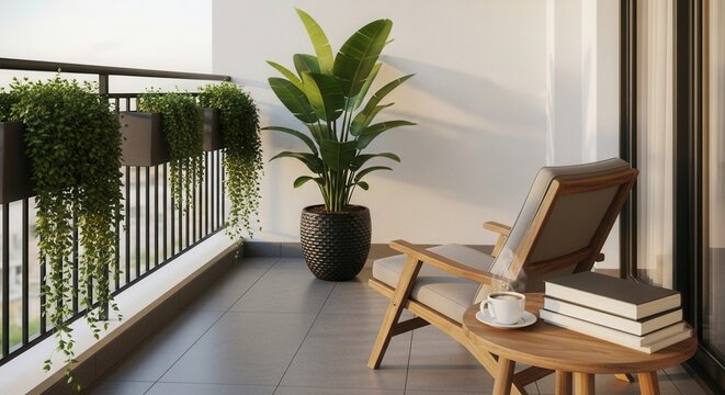 A sunlit balcony features lush green hanging plants a large potted plant a wooden chair and a table with books and a coffee cup