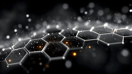 Obraz premium Futuristic hexagon grid with glowing particles and depth blur, representing digital network, AI, blockchain, and data technology.