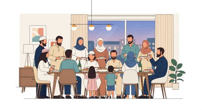Ramadan buka bersama vector illustration showing Muslim family and friends sharing evening meal together