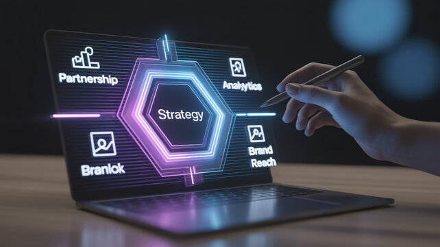 Professional analyzing business strategy through a digital holographic interface on a laptop.