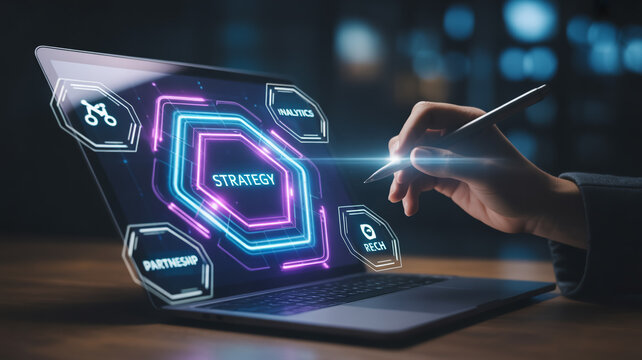 Professional analyzing business strategy through a digital holographic interface on a laptop.