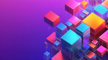 Obraz premium Abstract vibrant 3D cube cluster with purple pink gradient background showcasing futuristic geometric visualization and innovative digital art design