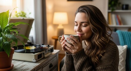 A woman with closed eyes smiles while holding a mug in a cozy room with a record player and a plant