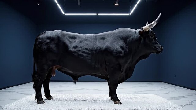 A striking, imposing black bull, potentially taxidermied, stands powerfully on a white textured surface under dramatic gallery lighting, showcasing muscular form and sharp horns.