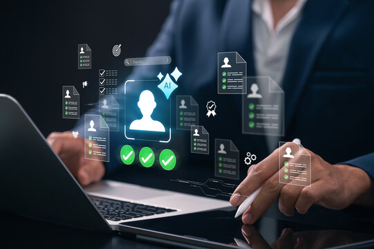 AI recruitment and HR management analysis. professional evaluates workforce data and automation dashboard for effective hiring, Human resources management, and workforce performance analytics