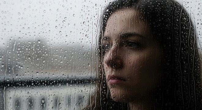 A womans profile is visible through a window covered in raindrops looking out at a blurred muted background