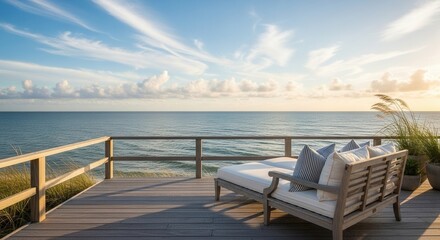 Obraz premium A wooden deck overlooks the ocean featuring a cushioned lounge chair with striped pillows and potted tall grasses under a clear cloudy sky