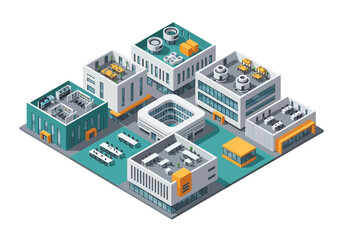 Obraz premium Isometric illustration of a modern corporate campus showcasing diverse office buildings, collaborative workspaces, and urban planning.