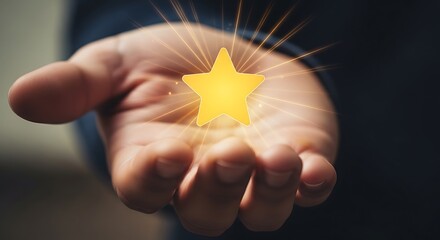 Close Up of Hand Holding a Shining Golden Star Symbolizing Excellence Achievement or Best Quality