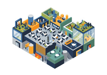 Obraz premium Isometric illustration of a modern, multi-level office with professionals working and collaborating in a dynamic, sustainable corporate environment.