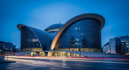 Obraz premium Modern architectural building with curved glass facades at dusk, featuring light trails from passing vehicles.