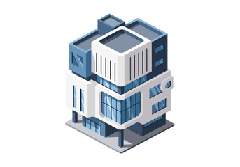 Fototapeta premium Isometric vector illustration depicting a contemporary corporate building with modern architectural design, ideal for innovative digital projects.
