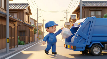 住宅街でゴミを回収する作業員とゴミ収集車