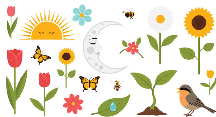 Obraz premium Whimsical illustration of nature’s cycle with flowers, moon, sun, and wildlife