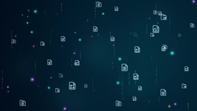 Motion graphic of floating folder and document icons with glowing data particles, seamless loop designed for digital file management, cloud storage, and information system backgrounds.