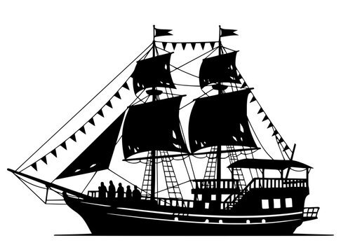 A detailed black silhouette of a classic two-masted pirate ship with tattered sails, crew figures, and nautical bunting. Perfect for maritime history, adventure themes, and sea voyage graphics.
