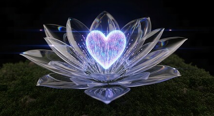 Glowing LED wireframe lotus flower with heart shape light at night outdoor futuristic technology digital art decoration