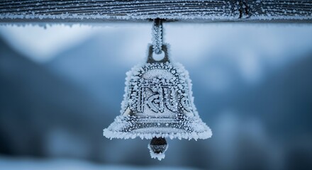 Frozen Christmas Bell Hanging in Winter Landscape with Snowy Mountains