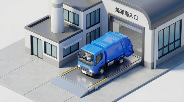  焼却工場に到着するゴミ収集車　廃棄物処理のプロセス