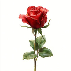 Naklejka premium Elegant red rose on a long stem, detailed colored pencil botanical illustration, isolated on white background