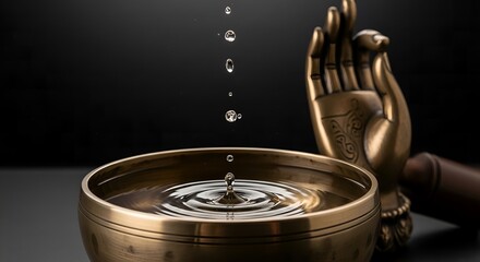 Buddhist monk hand holding singing bowl with sound waves meditation zen mindfulness spiritual healing close-up dark background