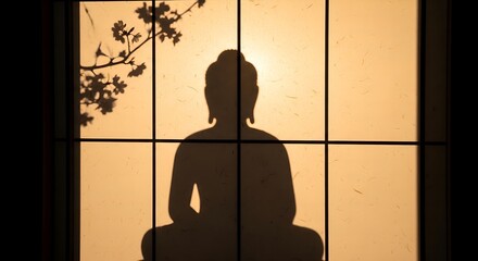 Silhouette of a Meditating Person behind a Window Pane at Sunset with Tree Branches
