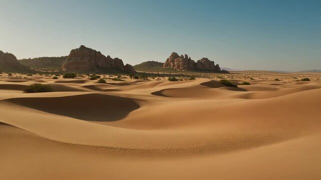 Desert landscape with vast sandy dunes and rocky outcrops at sunset, serene natural scenery