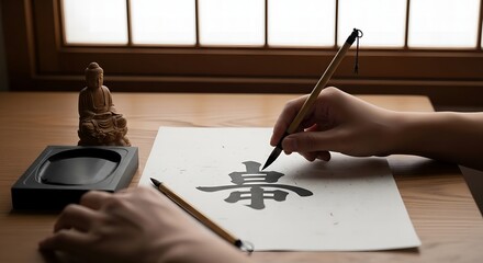 Hand Practicing Traditional Chinese Calligraphy with Brush and Ink