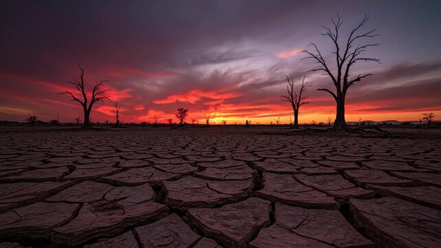 Dry cracked earth landscape with bare trees at colorful sunset background