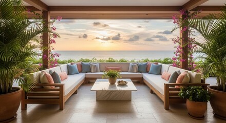 Obraz premium Open-air patio with U-shaped sofa marble table potted plants and an ocean sunset view with clouds