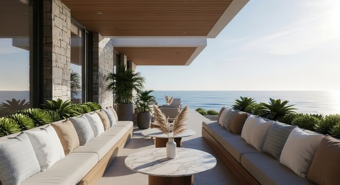 Oceanfront patio with stone and glass architecture long outdoor sofas round tables and lush greenery