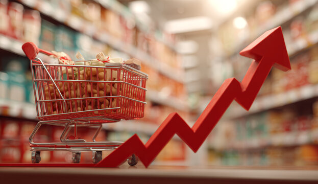 Shopping cart filled with assorted groceries including fresh vegetables and packaged food items positioned next to an upward trending red graph arrow in a supermarket setting