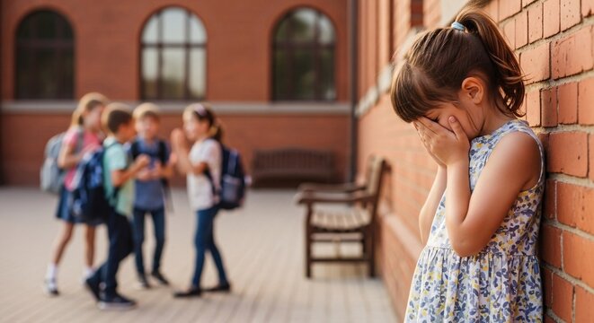 Young girl standing alone against a brick wall covering her face as a group of children in the background appear to be teasing or bullying her outdoors in a schoolyard scene during daytime