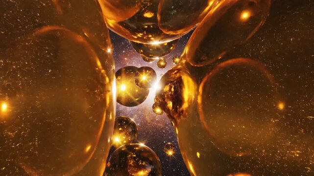 Glowing gold bubbles floating in space with stars and a galaxy background for cosmic or science concept