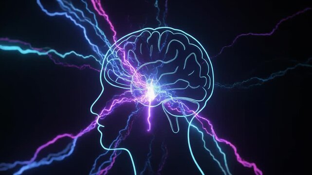 Glowing human head profile with brain and vibrant lightning bolts on dark background for creative concept