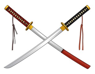 Crossed swords with ornate hilts, detailed design, white background
