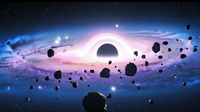Black hole deep space scene with swirling accretion disk and asteroid field, glowing cosmic nebula and starry galaxy background, futuristic sci-fi astronomy animation