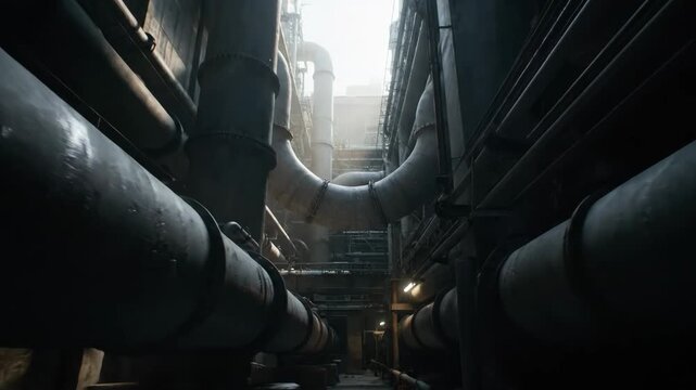 Journey through a dark industrial facility revealing massive pipes, intricate machinery, and robust infrastructure.