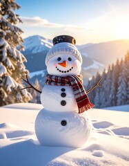 Obraz premium Whimsical snowman smiles amid snowy mountain scenery at sunset