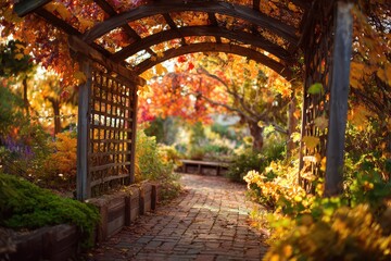 Fototapeta premium Colorful fall garden under a wooden trellis with sunlit brick walkway