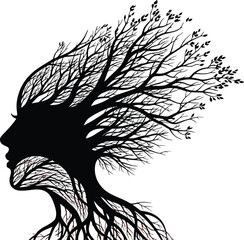 Obraz premium Silhouette of a woman's profile formed by intertwining tree branches and roots symbolizing nature and interconnected thought.